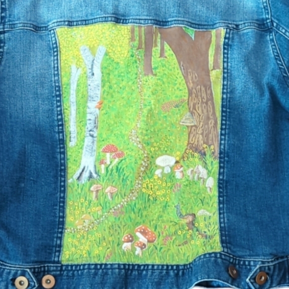 Hand painted Indie mushrooms fairy core nature scene unique cropped jean jacket - Picture 2 of 9